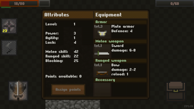 Caves is a pretty classic roguelike, when you level up you can assign points to skills.
